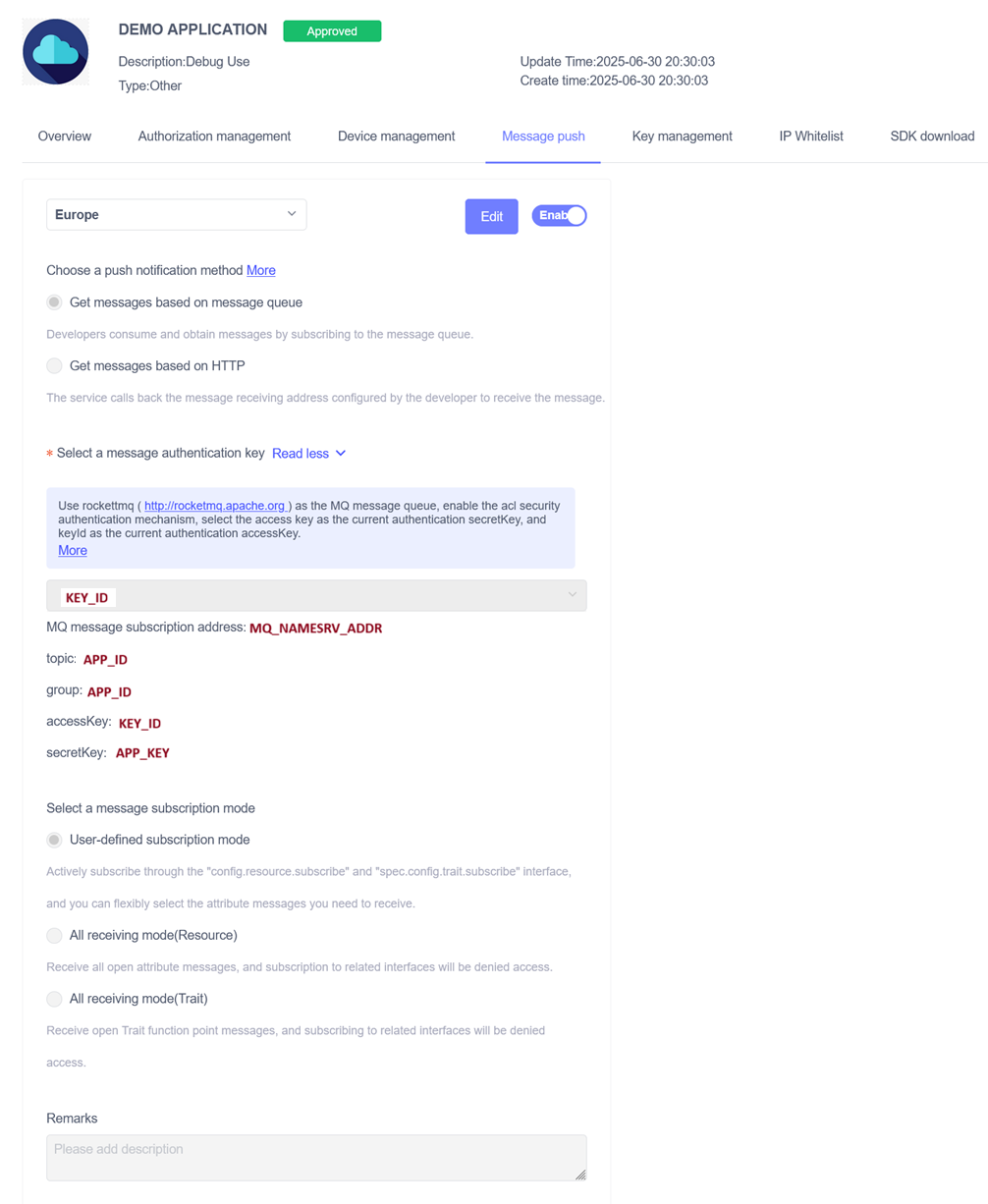 Aqara admin Message Push screen showing KEY_ID, MQ_NAMESRV_ADDR, APP_ID, and APP_KEY